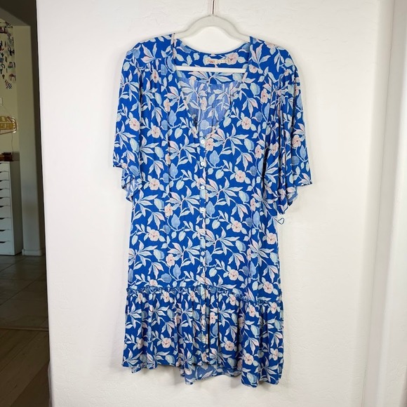 Faherty Womens Orinda Floral Button Shirt Dress Blue Crepe Resort Beachy Large - Picture 2 of 13